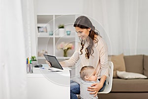 Mother student with baby and tablet pc at home