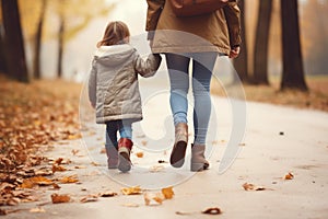 Mother supporting daughter while walking autumn park. Generate Ai