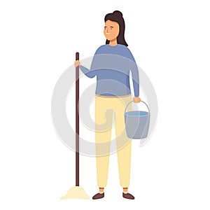 Mother take mop and water bucket icon cartoon vector. House keeping