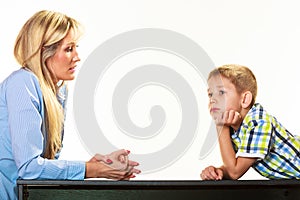 Mother talking with son. Children upbringing.