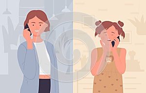 Mother talking to girl child on mobile phone, cute family characters talk by cellphone