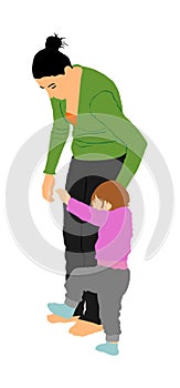 Mother teaching baby to walk, vector. Kindergarten teacher nanny working with kid. First steps in life. Parent support child. Mom