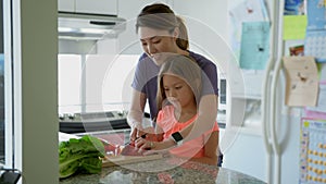 Mother teaching daughter to chop vegetables in kitchen 4k