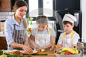 Mother Teaching Kids to Cook and Help in the Kitchen