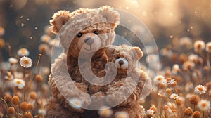 A mother teddy bear holding and sitting with his small baby in the field of daisies flowers