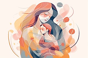 Mother tenderly hugging her child, illustration in abstract style, AI generation