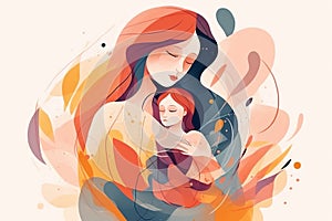 Mother tenderly hugging her child, illustration in abstract style, AI generation