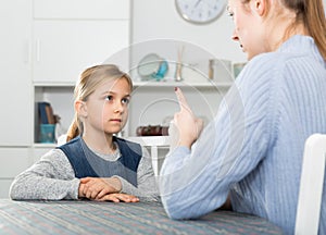 Mother threatens the finger of her little daughter