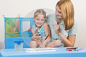 Mother tickles her five-year daughter brush for drawing