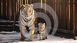 Mother Tiger and Her Baby Walking in the Snow