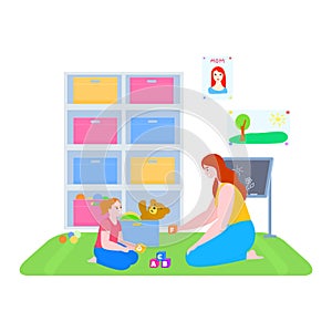 Mother time with daughter vector illustration, cartoon flat mom and kid girl characters playing, learning abc alphabet