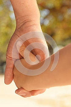 Mother and toddler son holding hands outdoor while walking to park, parental love and closeness with child