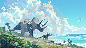 A mother triceratops and her young offspring peacefully grazing on the vegetation with the ocean breeze gently rustling