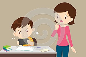Mother in trouble with a child playing games without doing homework