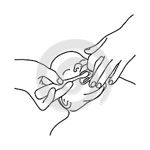 Mother trying to brush teeth of baby vector illustration sketch