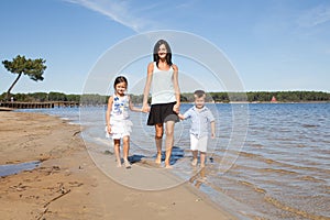 Mother and two chil son and daughter walking on the beach