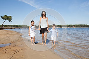 Mother and two chil son and daughter walking on the beach photo