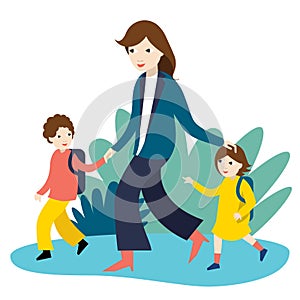 Mother with two children going to school, nursery. Back to school time. Vector Illustration