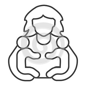 Mother and two children thin line icon, Mother day concept, parental love sign on white background, Mother holding two