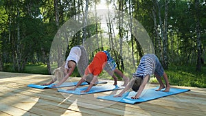 Mother and two kids doing yoga outdoors