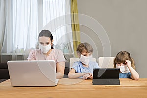 Mother and two kids wearing medical face mask  together at home.