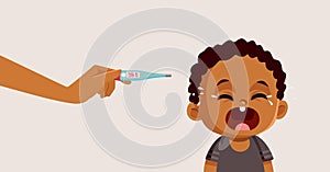 Mother Using a Thermometer on Feverish Baby Crying Vector Medical Illustration