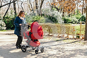 Mother walking with baby stroller