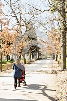 Mother walking with baby stroller