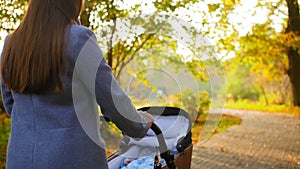 Mother walking with baby with in the stroller in park autumn. Child in a modern perambulator. Maternity concept. Medium