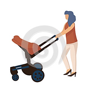 Mother walking with carriage. Cartoon woman carrying pram. Baby lies in modern buggy. People spend time with children