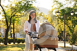 Young mother walking with her baby in stroller at park on sunny day