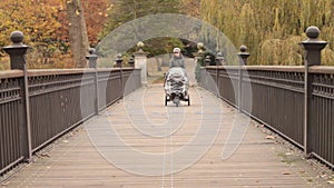 Mother walking with pushchair