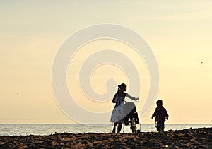 Mother walking with son