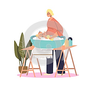 Mother washing baby in little bath. Cartoon female bathing infant kid in water with foam