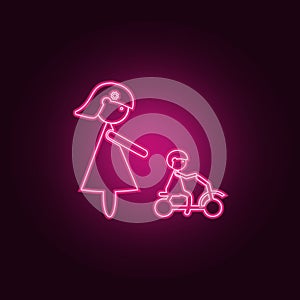 mother watches the child on a bicycle icon. Elements of Family in neon style icons. Simple icon for websites, web design, mobile