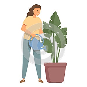 Mother watering monstera plant pot icon cartoon vector. House keeping