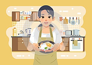 Mother wearing apron and holding a plate full of food with kitche interior as background vector illustration