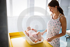 Mother weighting cute baby on scales in room