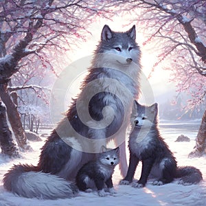 Mother wolf with her puppies in the winter forest at sunrise, frozen winter nature background, generative ai