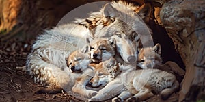 Mother wolf lying in her den with her playful pups