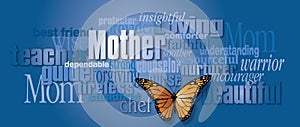 Mother word montage graphic with butterfly