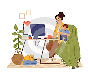 Mother work from home. Working mom, happy busy freelancer holding baby. Flat woman sitting computer desk talk phone