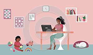 Mother works at home with laptop. Baby toddler playing with toys on floor. African american woman working remotely and sitting at