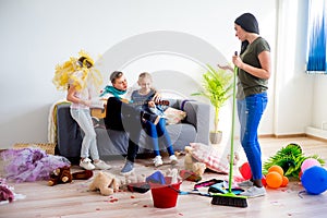 Mother yelling on her romping kids