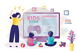 Mother yells at children because of constant playing of video games. KIds are addicted to computer games. Cyber addiction, concept