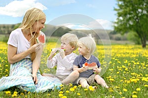 Mother and Young Children Eating Fruit in Flower Meadow