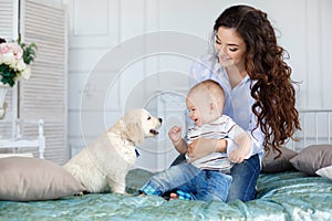 Mother,young son and a beautiful Golden Retriever puppy on bed