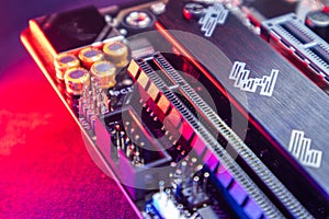 Motherboard close-up on modern powerful desktop PC