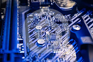 Motherboard close-up on modern powerful desktop PC