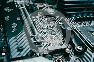 Motherboard close-up on modern powerful desktop PC